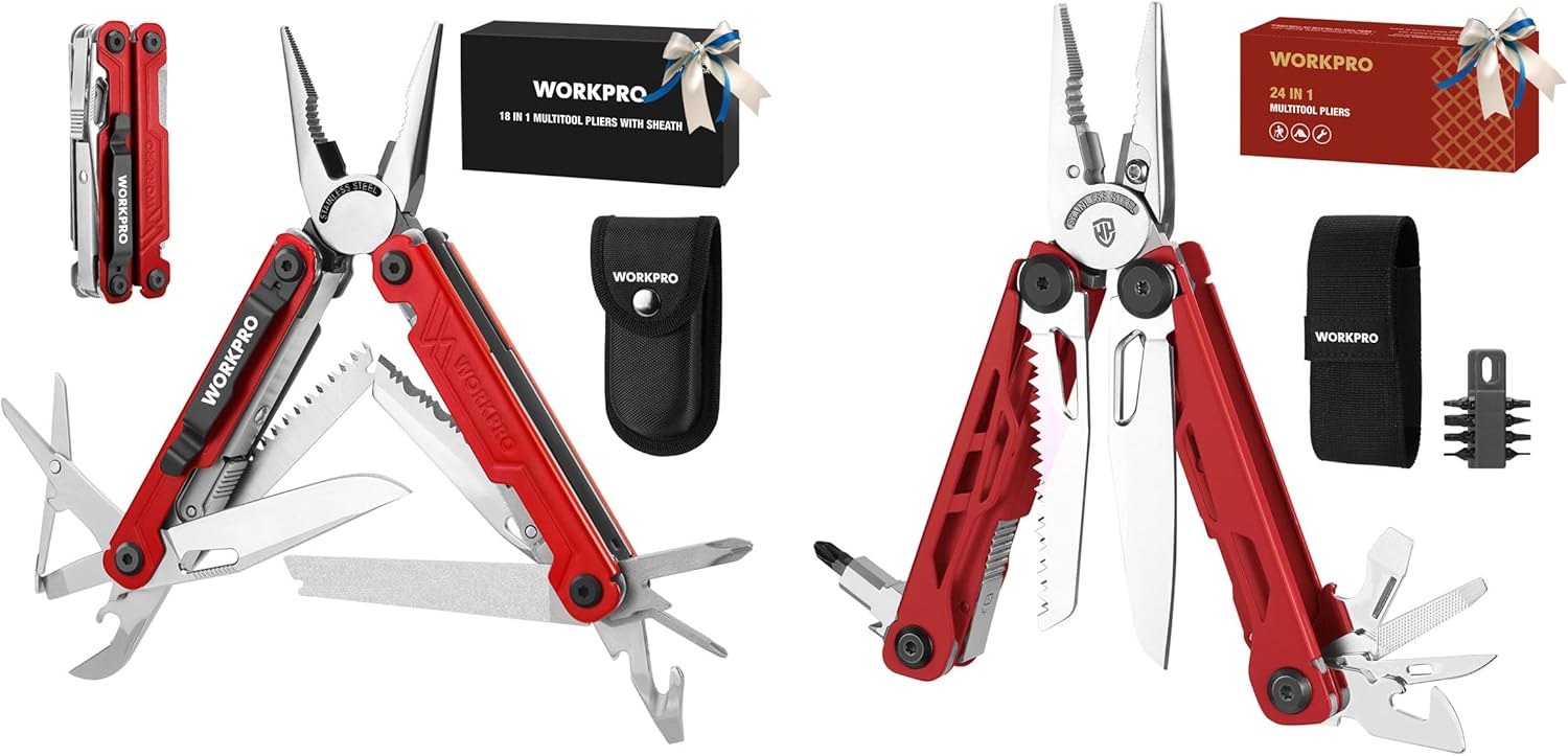 WORKPRO 18-in-1 Multi Tool Pliers & WORKPRO 24-in-1 Multitool Pliers, Red
