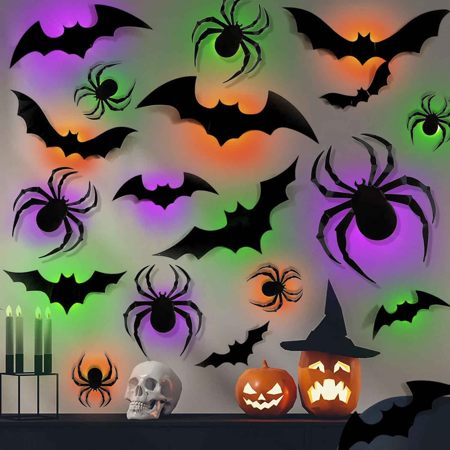 36 Pack Halloween Bat Spider Wall Decor, 3D LED Bat Spider Wall Stickers - 3 Colors - 3 Size - Removable Light up Spiders Bats Wall Decals for Halloween Party, Bedroom Window Decorations