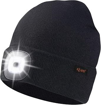 Keains Unisex Beanie with The Light ,Rechargeable LED Headlamp Cap, Warm Knit Hats for Winter Safety Gifts for Men Women Dad