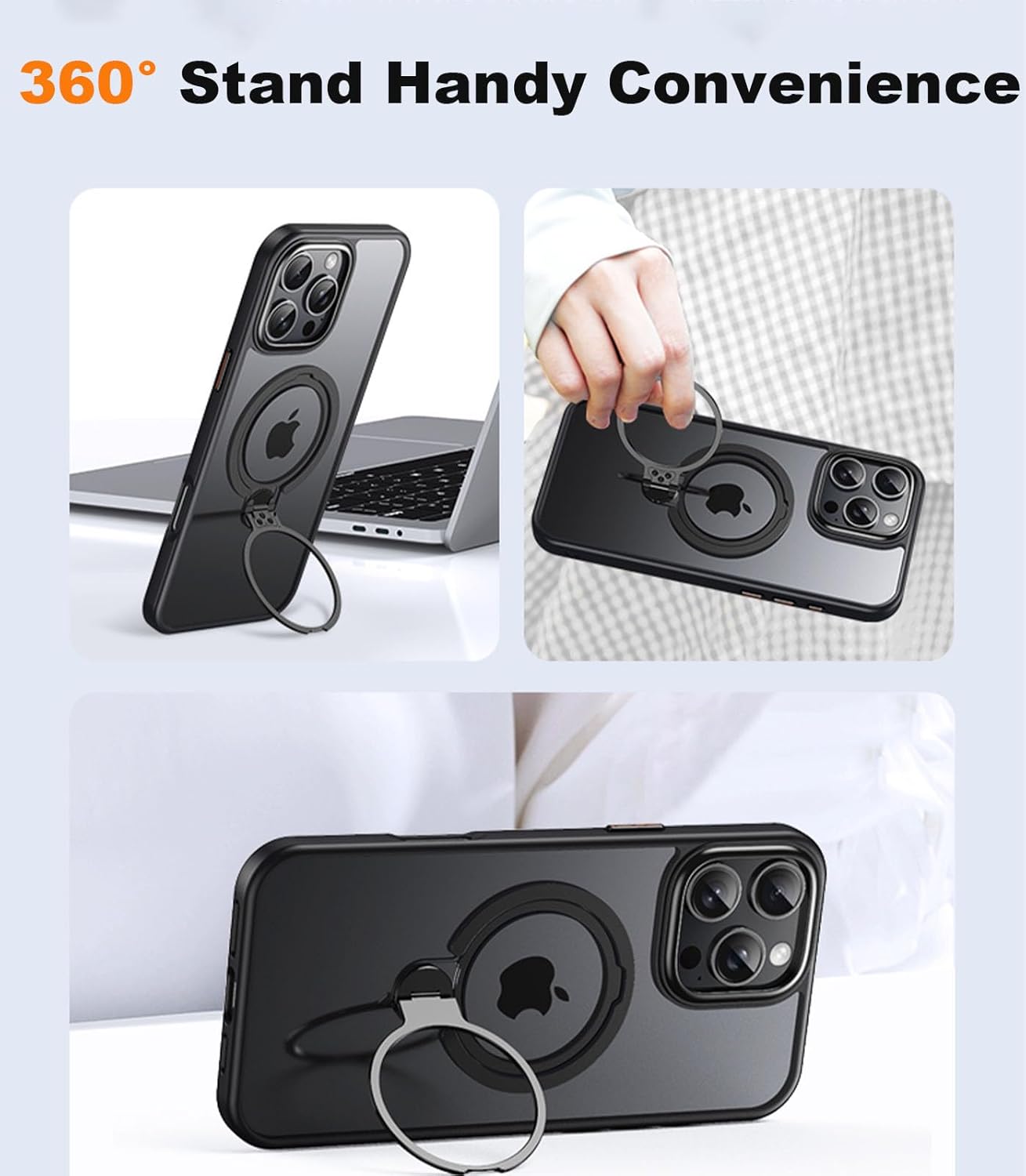 Dual 360°Spin Magnetic Stand & Magnetic Ring for iPhone 16 Pro Max Case [Compatible with MagSafe] [Dual Embeded Ring & Stand] [16FT Military Protection] Case for iPhone 16 ProMax, Black 6.9"