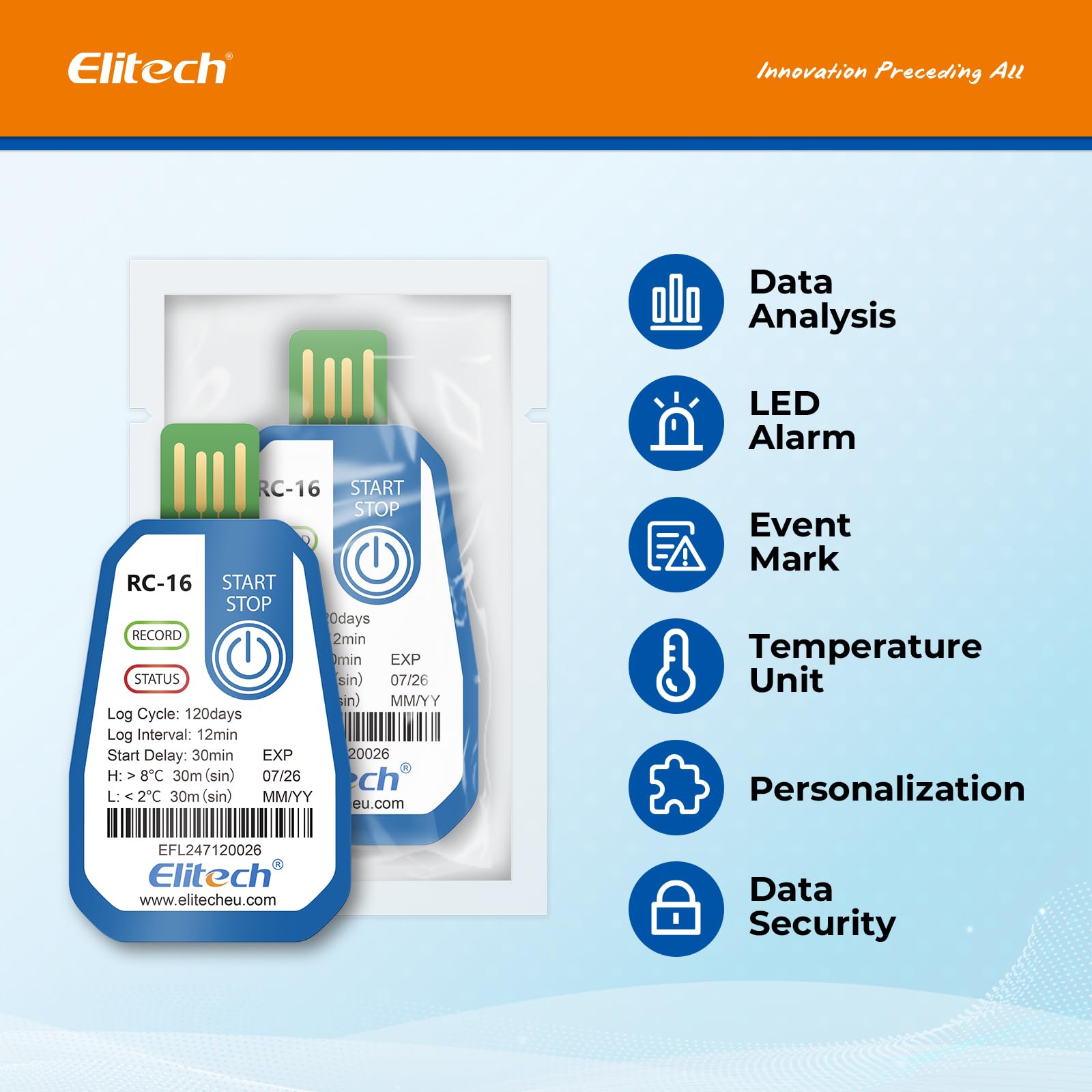 Elitech Registrador de Temperatura Desechable RC-16 10PACK