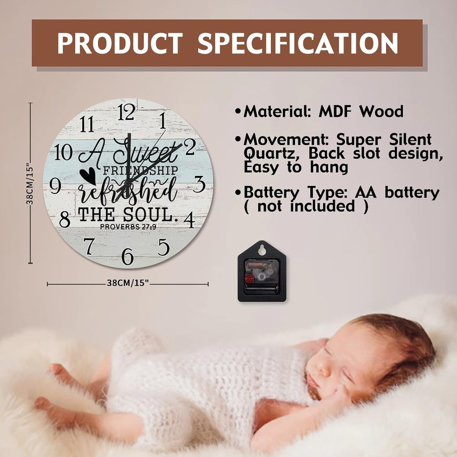 Bible Verse Clock A Sweet Friendship 15 Inch Wooden Wall Clocks Battery Operated Clock Silent Non-Ticking Scripture Print Decor for Bedroom Living Room Farmhouse Wall Decor