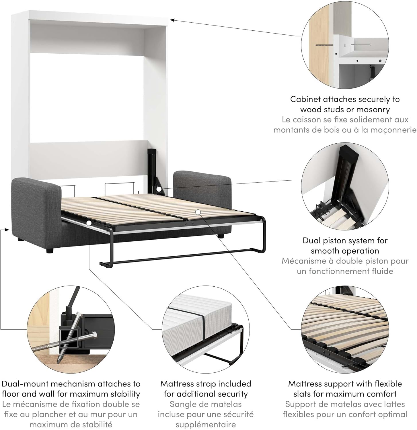 Diagram showing key components: cabinet attachment to wood studs/masonry, dual piston system, dual-mount mechanism for floor and wall stability, mattress strap, and mattress support with flexible slats.