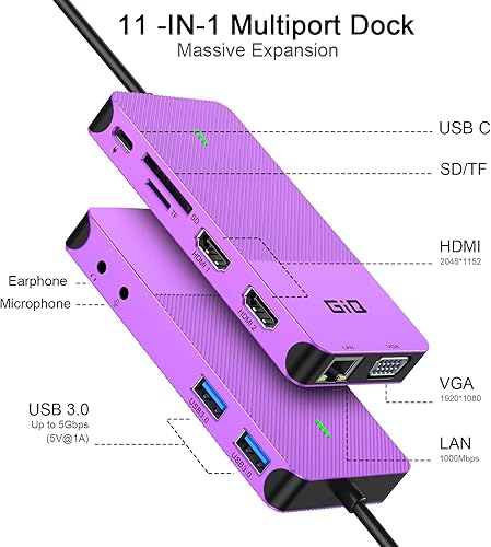 Miniatura 2 de Estación de acoplamiento USB GIQ USB C HUB USB 3.0 a HDMI dual Adaptador VGA de triple pantalla USB C Estación de acoplamiento para portátil Monitor