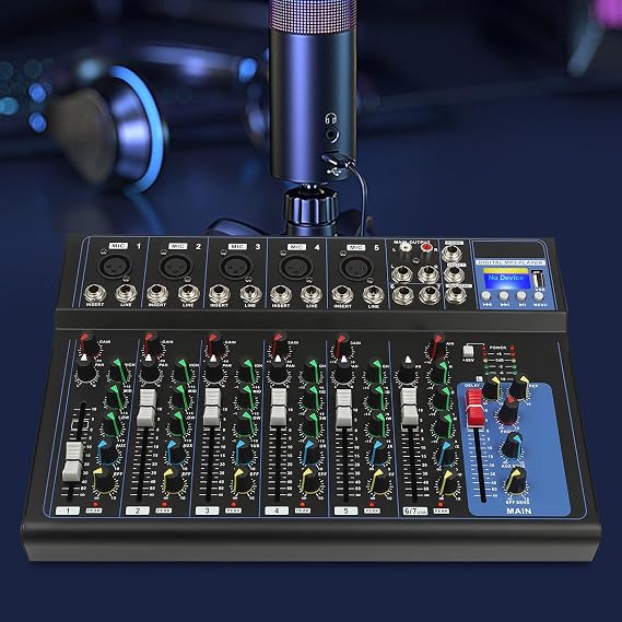 Bluetooth Portable Audio Mixer 7-Channel Professional Stereo Mixer Digital USB Computer Jack 3-Band Equalizer 6 Music Modes 48V Phantom Power Stereo DJ Mixer LCD Display For DJ,Recording,Stage