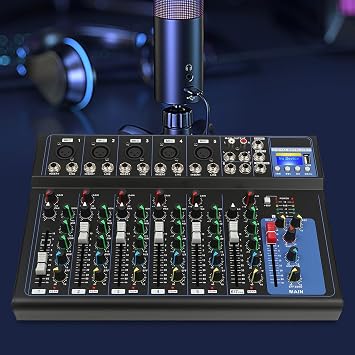 Bluetooth Portable Audio Mixer 7-Channel Professional Stereo Mixer Digital USB Computer Jack 3-Band Equalizer 6 Music Modes 48V Phantom Power Stereo DJ Mixer LCD Display For DJ,Recording,Stage