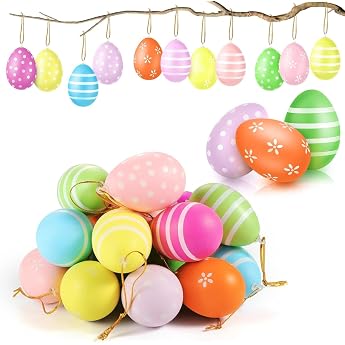 Colourful Plastic Easter Eggs with String - Pack of 24 Easter Decoration for Hanging Decorative Easter Eggs as Easter Egg Ornaments Plastic Eggs for Spring Decoration