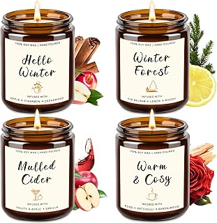 4 Pack Candles for Home Scented, 28oz Soy Candle Set, Scented Candles with Apple Cinnamon, Fir Balsam, Mulled Cider, Sandalwood – Holiday Candle Gifts for Women, Mothers, Galentines Day & Cozy Nights