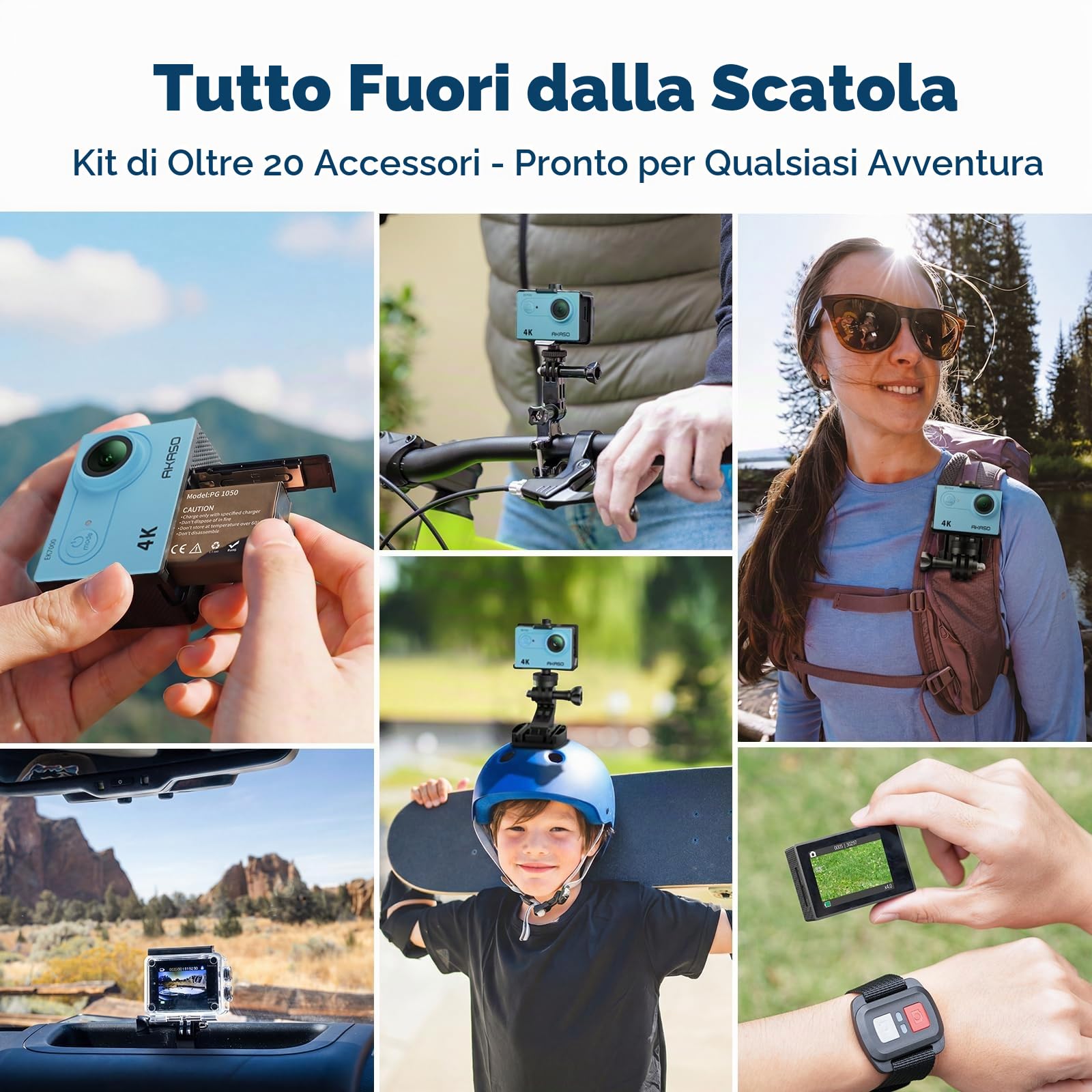 AKASO EK7000 Action Cam 4K 30FPS, WiFi 20MP Fotocamera Subacquea 30M, Videocamera Stabilizzata Caricabatterie con 2 Batterie Angolo di 170° Telecomando 2.4G e Kit Accesorios Multiples (Blu)