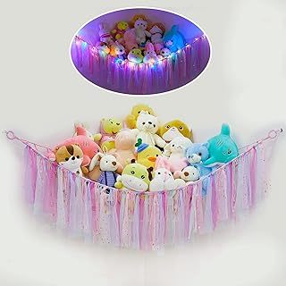 Stuffed Animals Net or Hammock Hanging Plush Toy Hammock with LED Lights Colorful Tassels Hammock for Stuffed Animals for Kids Playroom Nursery Decor