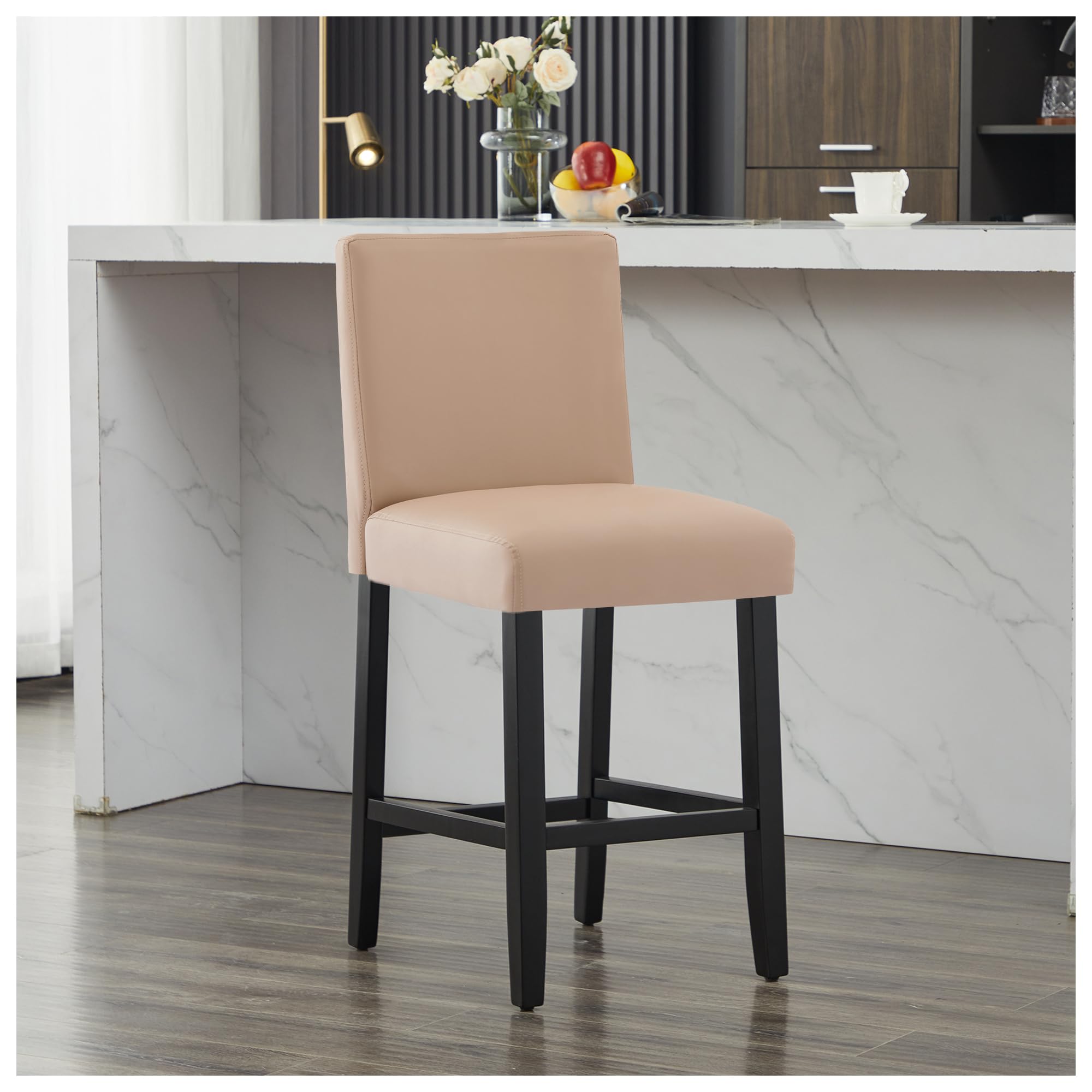 26'' Faux Leather Bar Stools, Modern Upholstered Bar Chairs with Back, Soild Wood Legs Barstools for Kitchen Island, Light Brown