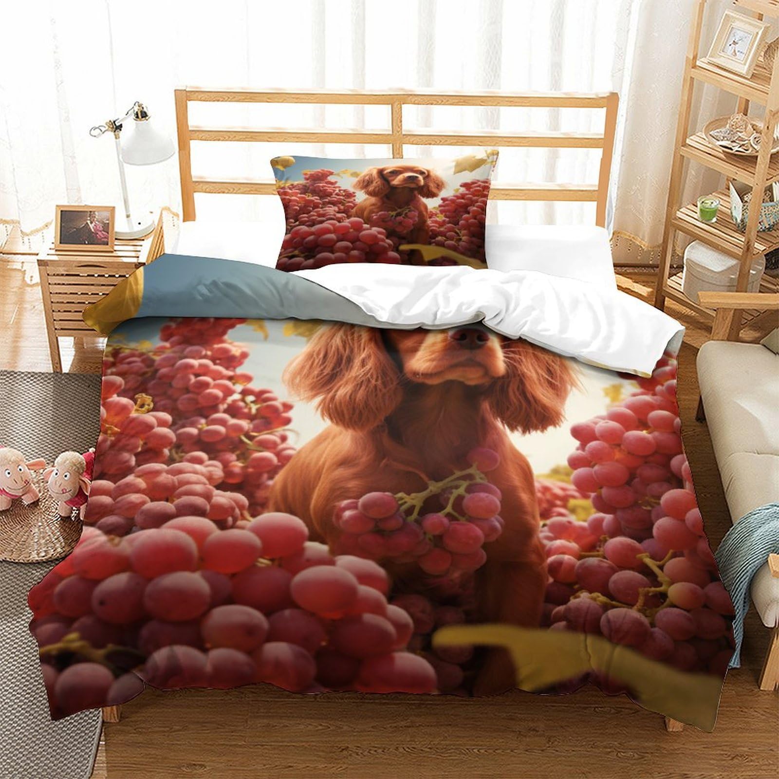 P1S9U7W5Y Lovely Dog Grape Pattern 3D Printed Microfiber 3 Piece Duvet Cover Set for Adult Bedroom Decor Soft Breathable Bedding Single（135x200cm）