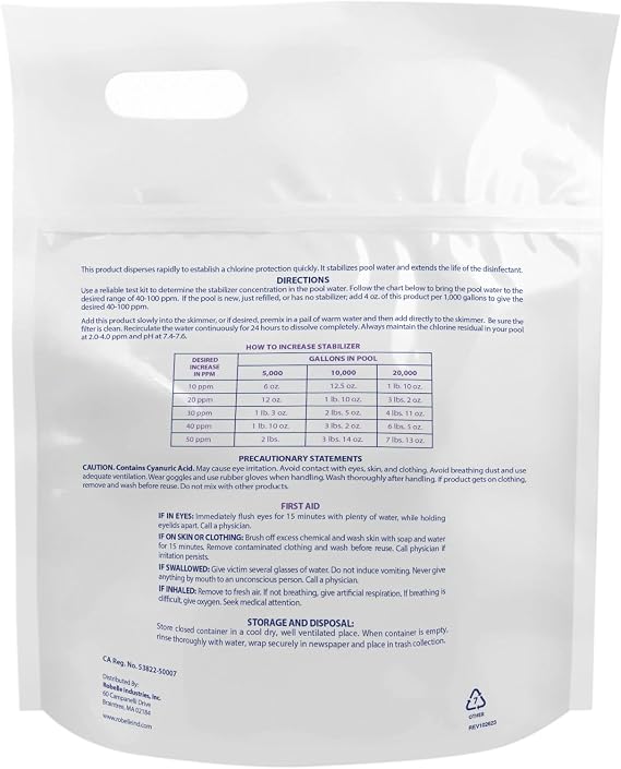 Robelle 4-Pounds Premium Chlorine Stabilizer and Conditioner, Concentrated Cyanuric Acid for Pools, Pool Stabilizer, Helps Chlorine Last Longer