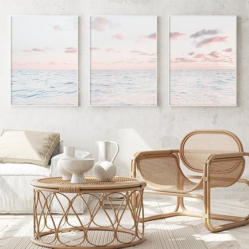 NATVVA 3 piezas de impresiones de paisaje oceánico, impresiones de puesta de sol rosa, pósteres de arte de pared, pintura en lienzo para obras de