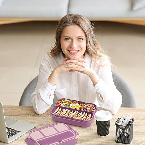 Vista 75 de Lonchera Bento para adultos, recipientes para niños y niñas con 4 compartimentos, contenedor de alimentos con utensilios, tarro de salsa, forros