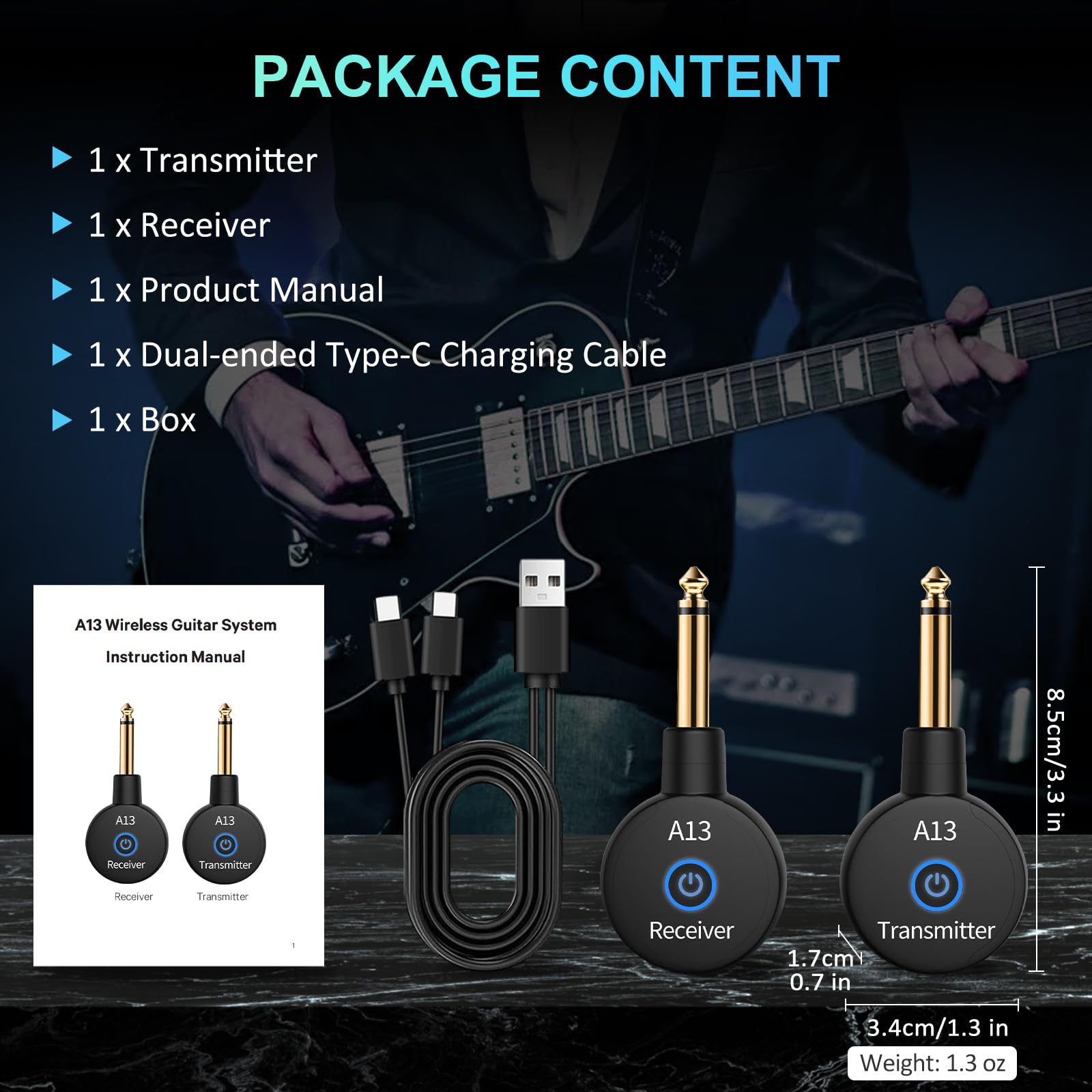 A13 Wireless Gitarrensystem 2.4GHz 2 Modi, Daumengröße, Wiederaufladbarer Li-Akku, 100ft Reichweite, 10 Stunden, Plug & Play für Gitarre, Bass (1TX + 1RX)