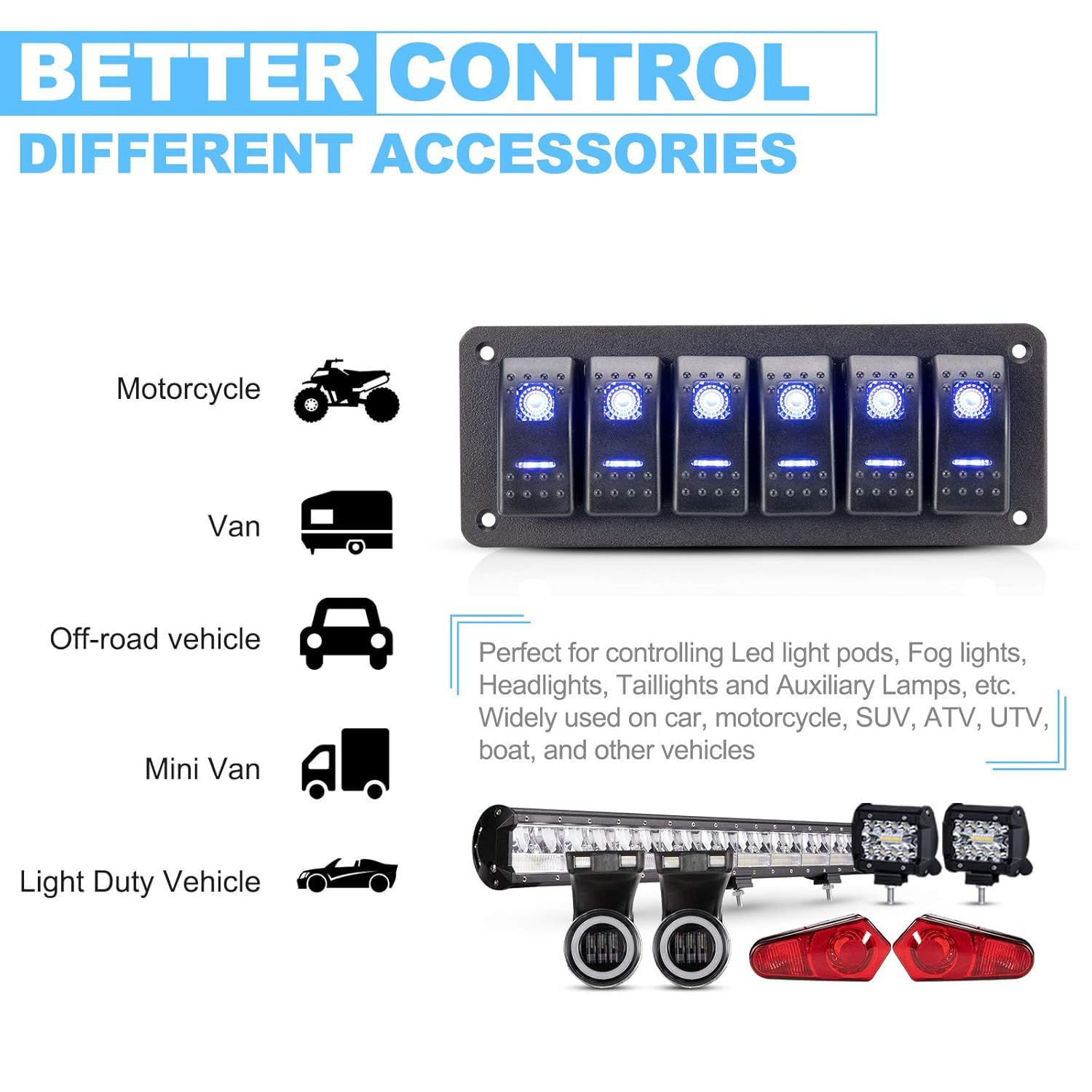 Greluma 1 pz Pannello interruttori bilanciere a 6 bande, interruttore levetta, interruttore a bilanciere precablato DC 12V-24V ON/Off, interruttore retroilluminato blu per auto, barca, auto e veicoli