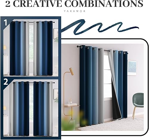 Miniatura 2 de Yakamok Cortinas 100% opacas de 84 pulgadas de largo, cortinas azules para oscurecer la habitación, cortinas degradadas con aislamiento térmico para