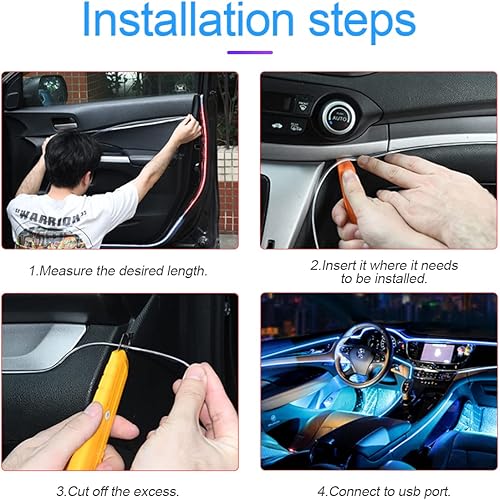 Miniatura 4 de Cable de luz eléctrica de neón LED para decoración del interior del vehículo, automática USB, con borde de costura, para ambientación de