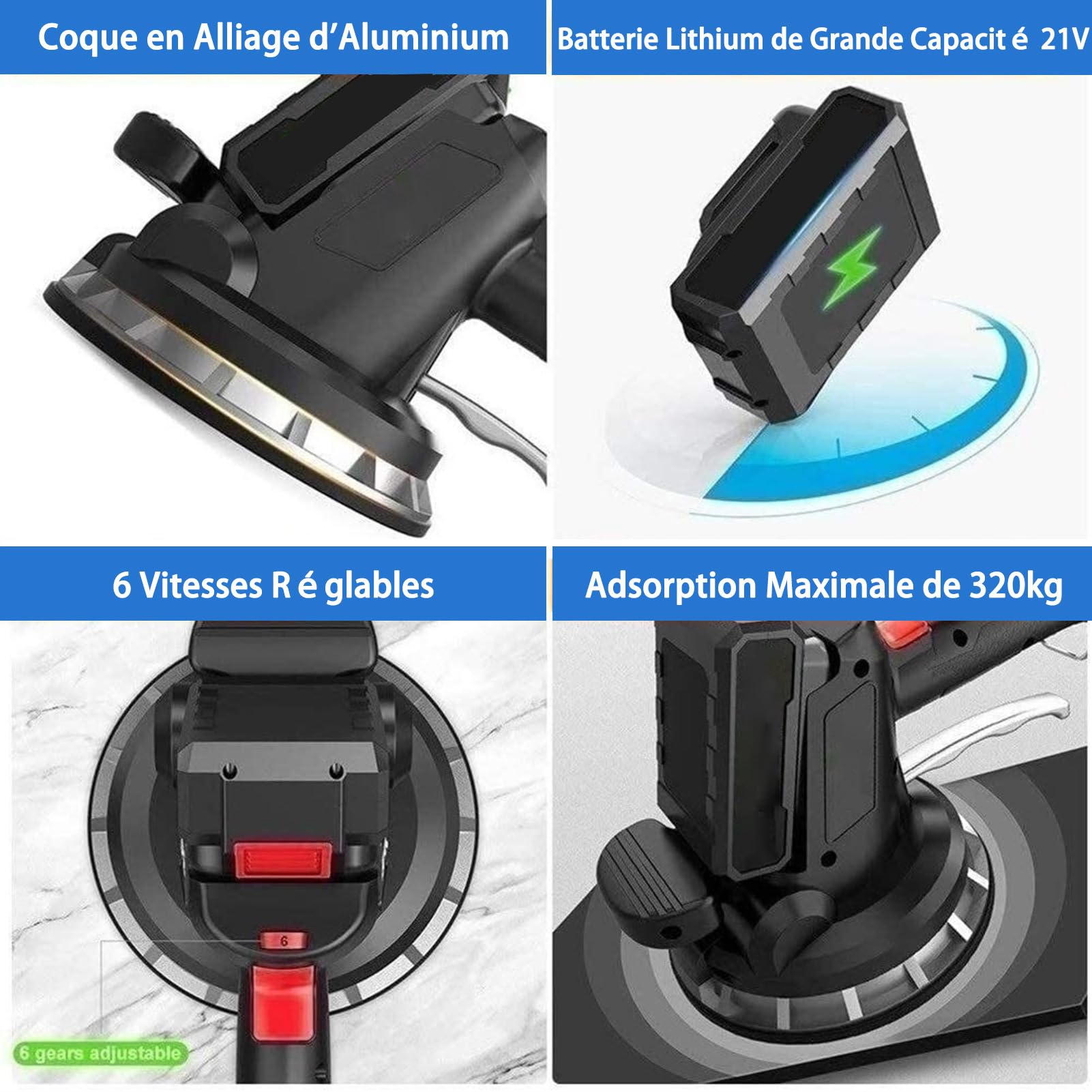 Machine Vibrante Carrelage électrique: 6 Vitesses Réglable Capacité de Charge Élevée Vibreur de Carrelage avec Ventouse Puissante de 18 cm Outils Utilitaires pour la Maison (2*Battery)