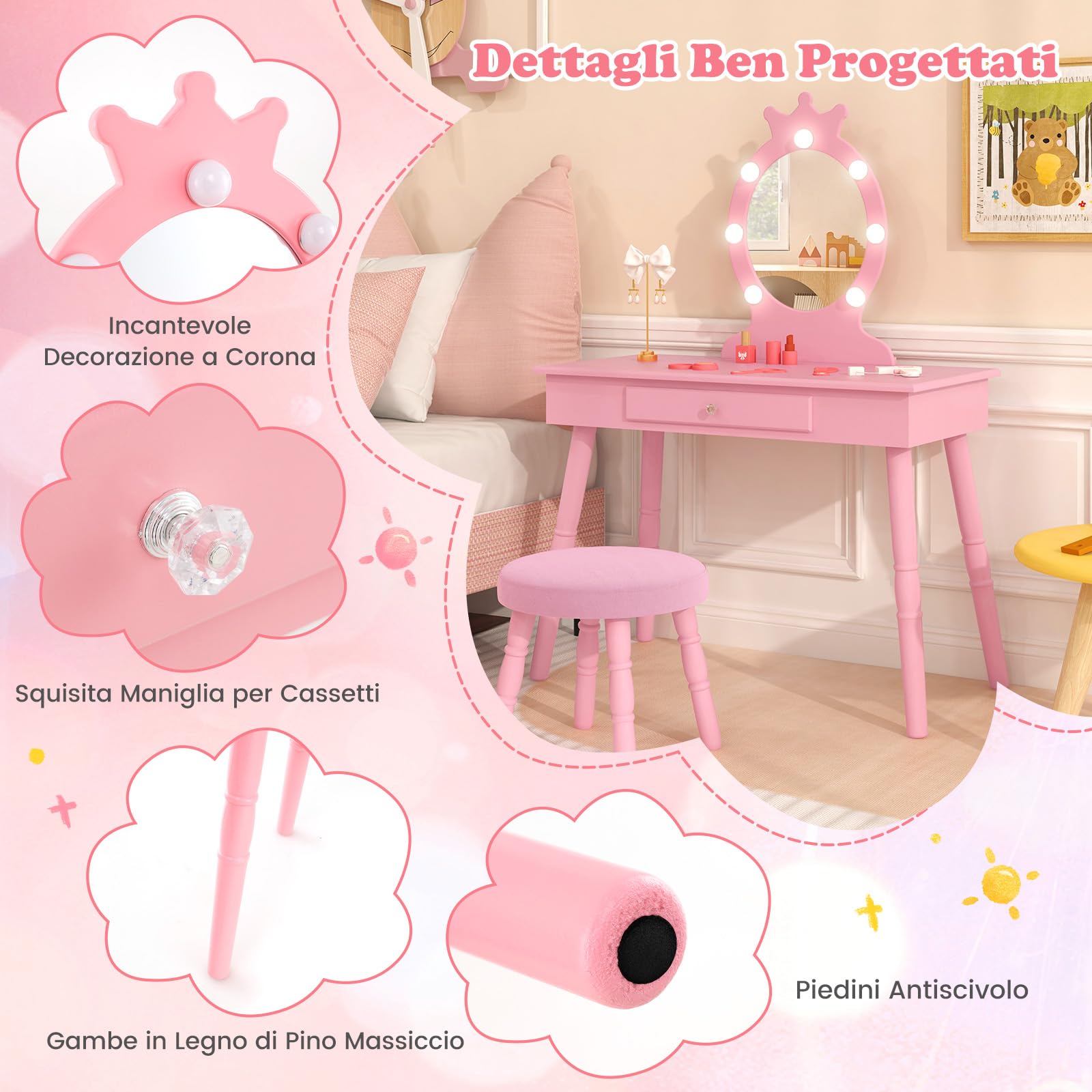 RELAX4LIFE Toeletta Trucco per Bambina con 7 Lampadine LED, 3 Colori di Luci, Specchiera Trucco con Sgabello, Toeletta in Legno, Specchio Rimovibile, per Bambini 3-7 Anni (Rosa)