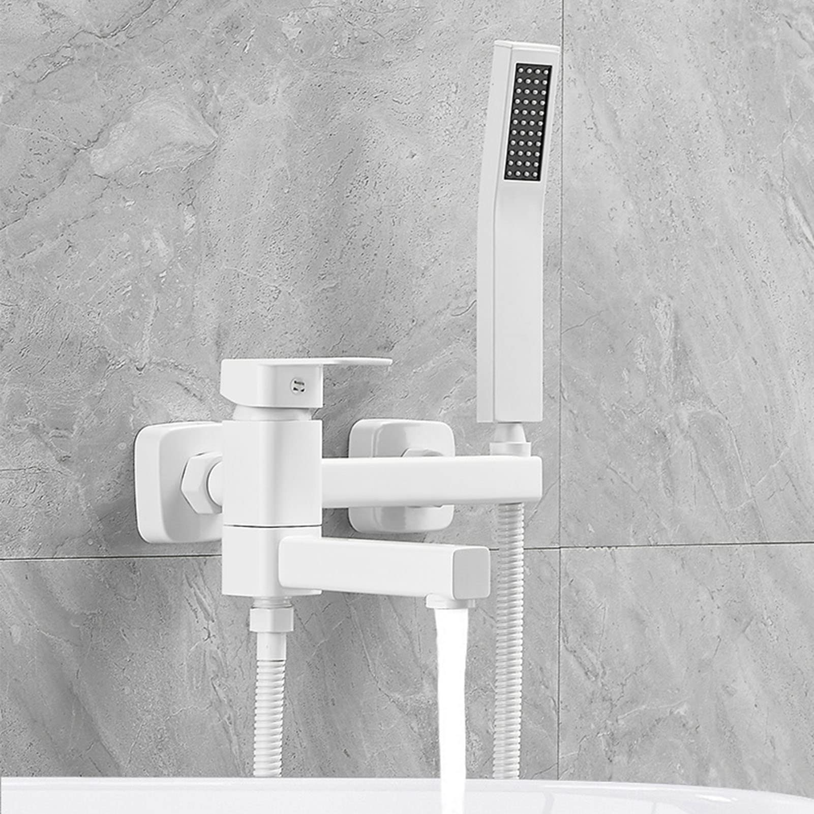 Bateria wannowa z prysznicem ręcznym, biała, montaż ścienny, wylewka wannowa z prysznicem ręcznym, obrotowa wylewka wannowa 180°, nowoczesna bateria wannowa z jednym uchwytem, zestaw baterii natrysk