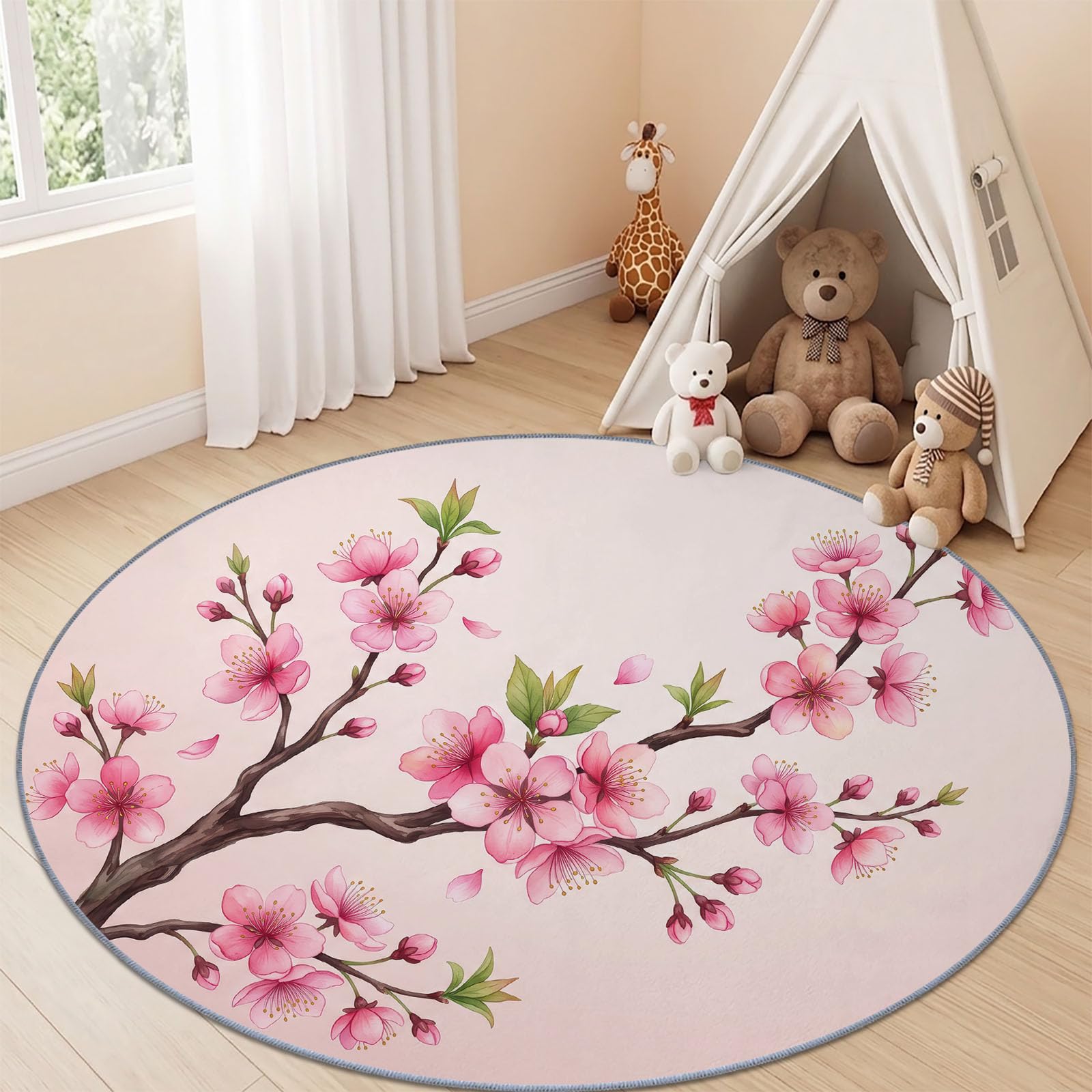 Générique Tapis Chambre Enfant Bébé Fille Garçon Rond 180 cm Plantes Et Fleurs Branches De Fleurs De Cerisier Minimalistes - Grand Doux Rampant pour Petite Chambre d'enfant Salon, Rose