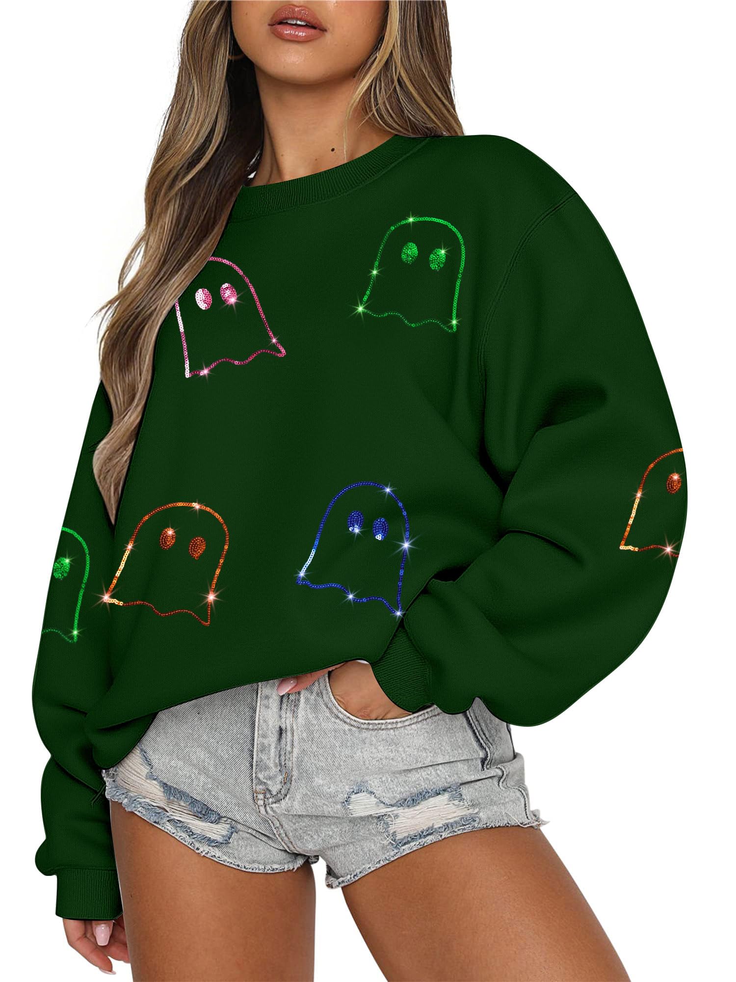 maximgr halloween sweatshirts for women sequin ghost pumpkin sweatshirt funny spooky season shirt sparkle fall pullover tops