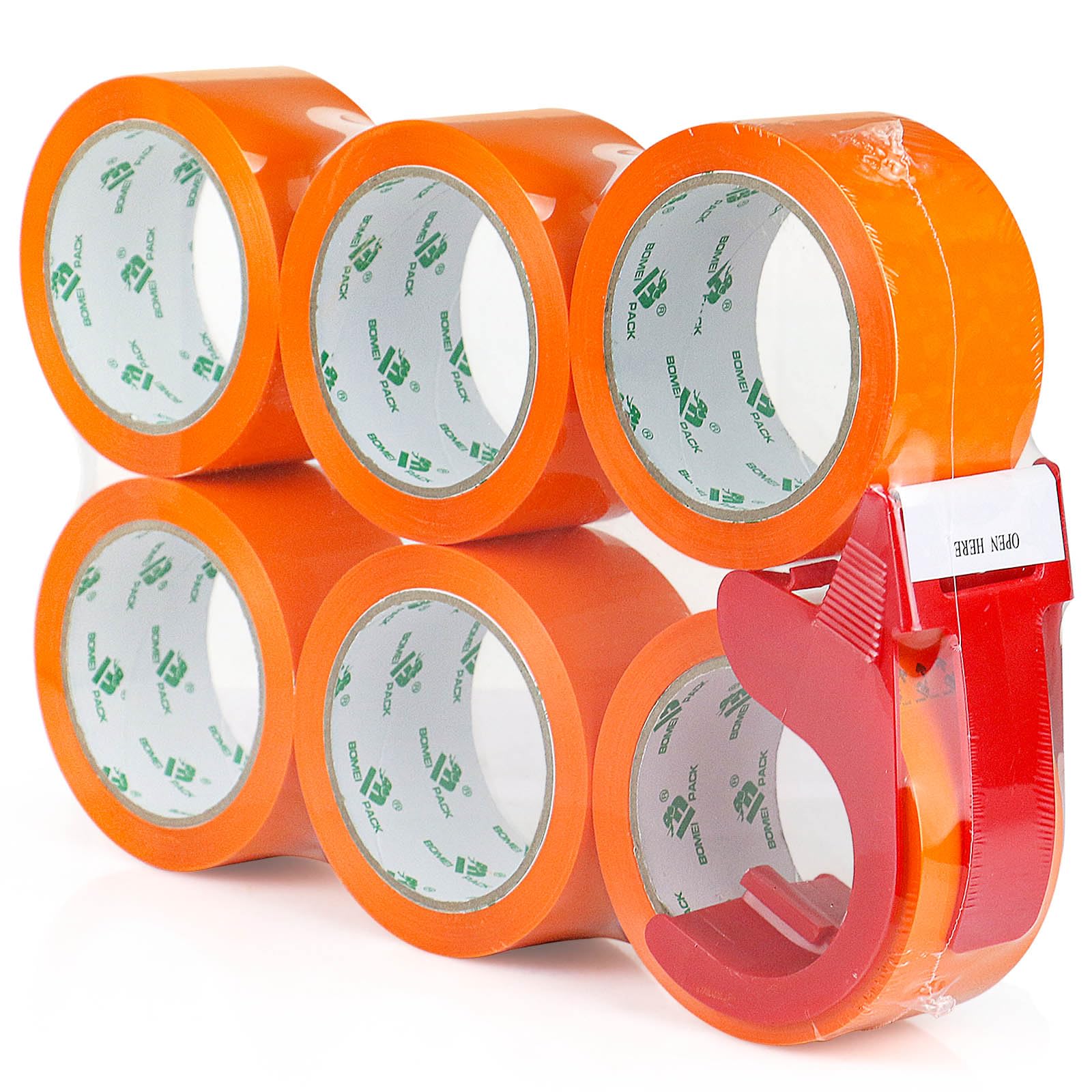 BOMEI PACK 6 rouleaux Ruban d’emballage 66m x 48mm pour emballage - avec dévidoir,impression adhésif fort pour colis, entrepôt, e-commerce (Orange)