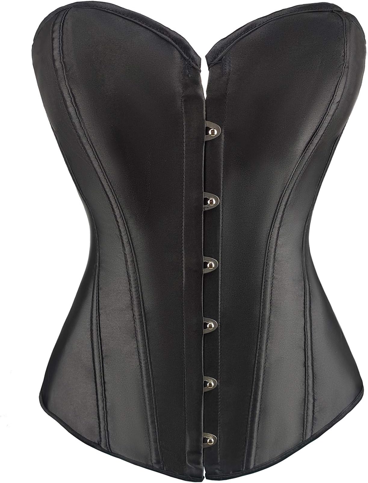 BLFWomen Satin Plain Pure Black Bustier Top Burlesque Basque Shaper Boned Corset (L/UK 10, Plain Black)