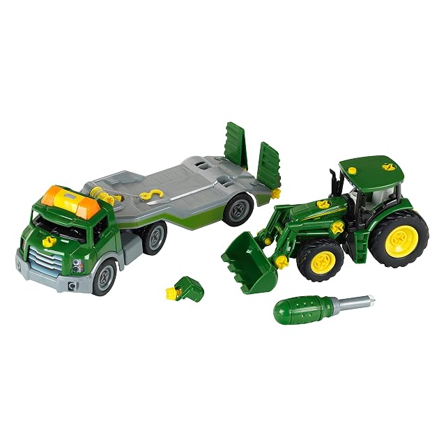 Theo Klein 3908 Camión transportador con Tractor John Deere, Kit de atornillado Que Incluye Destornillador