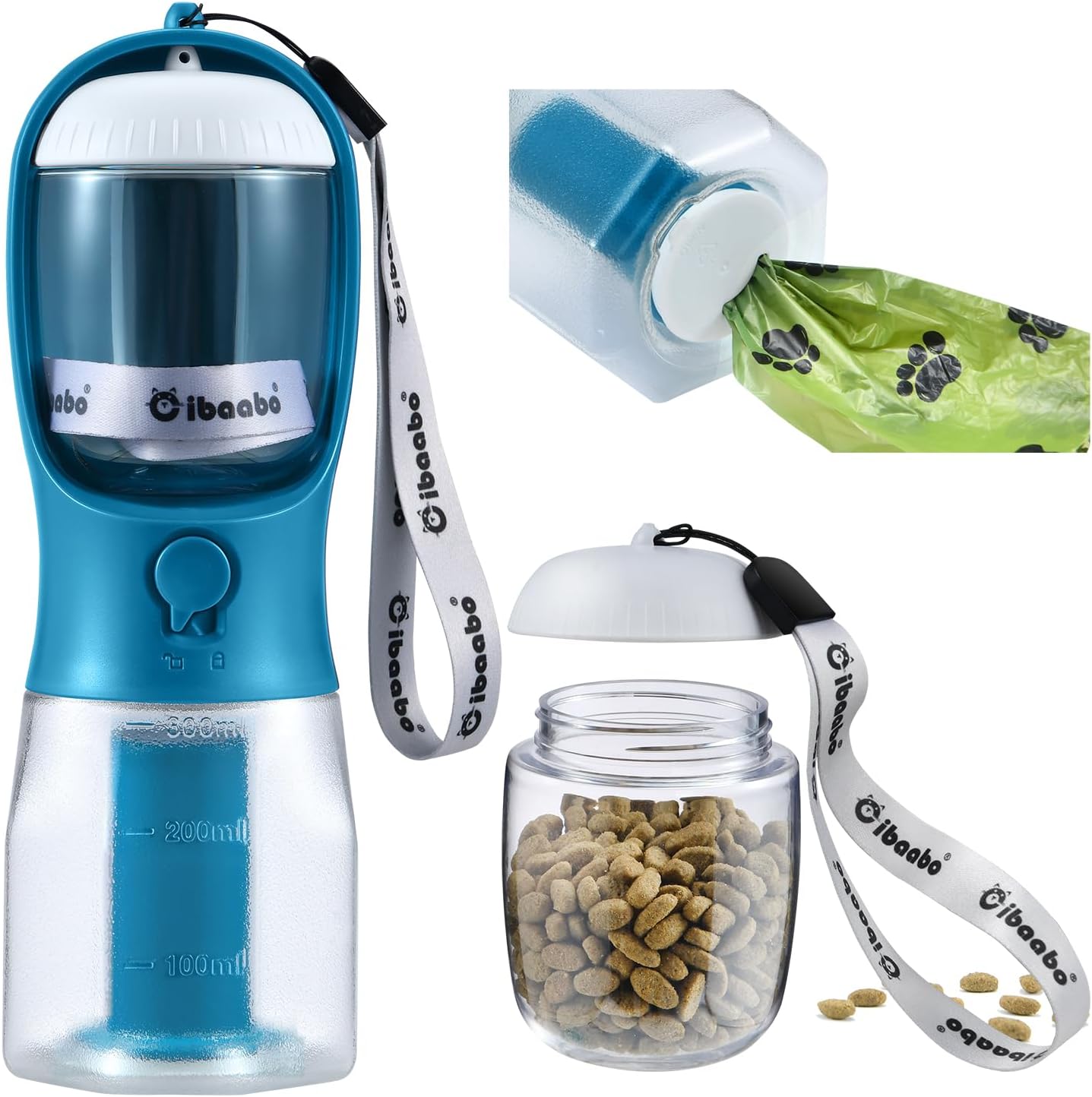 Dog Water Bottle with Food Container & Poop Bag Holder, Travel Water Bowl, Portable Pet Dispenser, Dog Stuff Accessories Items, Puppy Essentials Necessities for Yorkie Chihuahua Walking Hiking 10 Ounces #10 Indigo