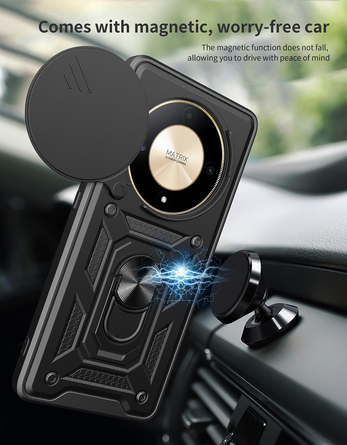 SEAHAI Cover per Honor Magic 6 Lite 5G / Honor X9b, Scorrevole [Protezione Fotocamera] Militare Antiurto Silicone Custodia, con Supporto Pieghevole Kickstand Rugged PC + TPU Bumper Case - Nero