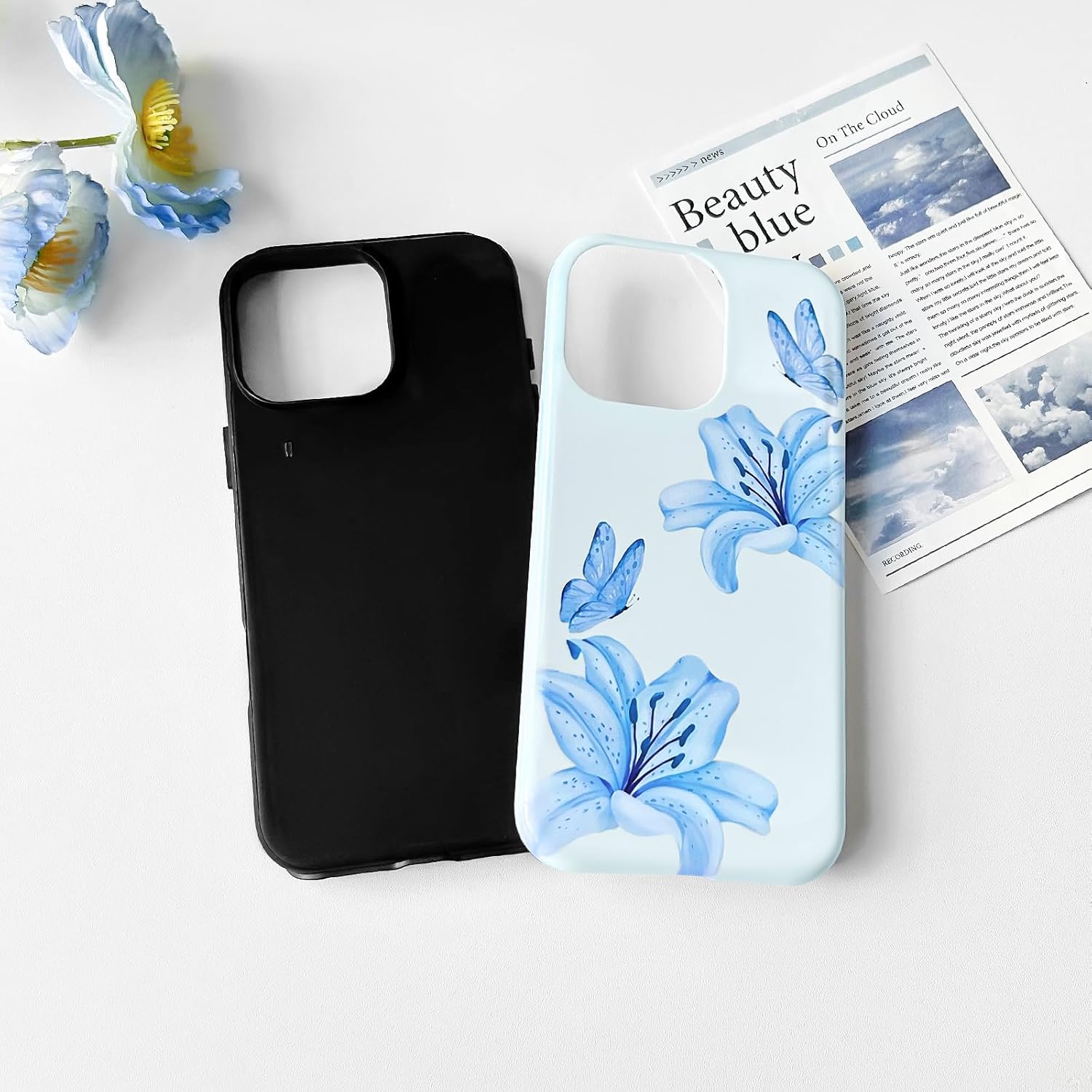 NITITOP Compatible with iPhone 13 Pro Max Case Cute Aesthetic Lily Flowers Butterfly Floral Pattern for Women Girls Glossy Hybrid 2 Layers Back Shockproof Protective Cover - Blue - Image 5