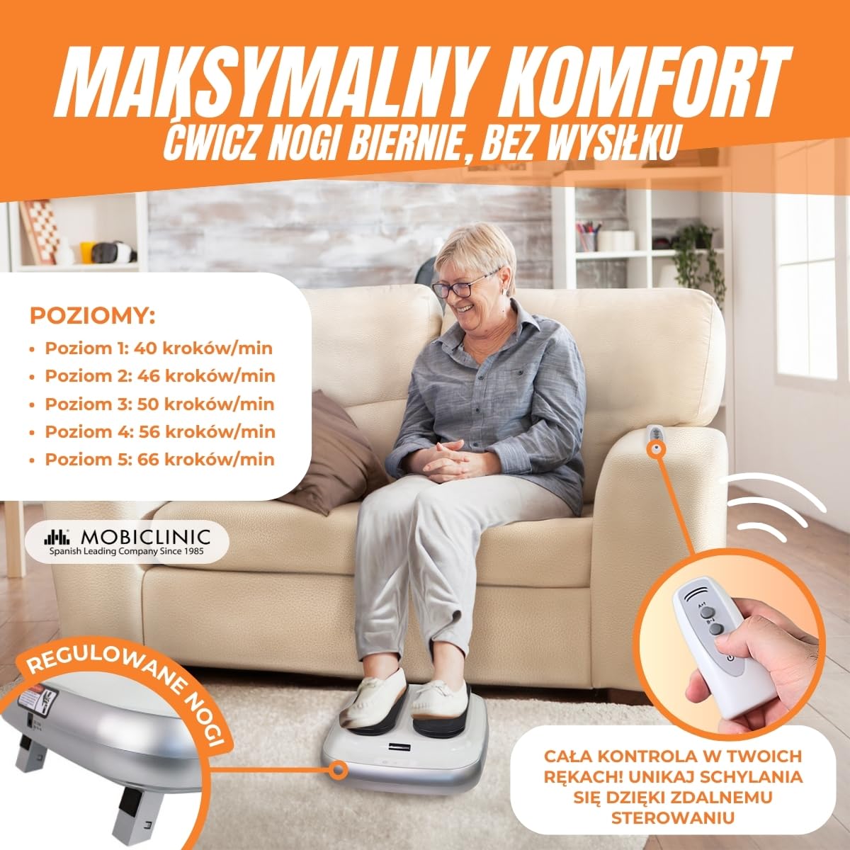 Mobiclinic, Trener nóg, Elektryczne, Legfit, Marka europejska, Gimnastyka pasywna, Ćwiczenie na siedząco, Dla seniorów, Nastolatków, Z pilotem, Regulowana prędkość