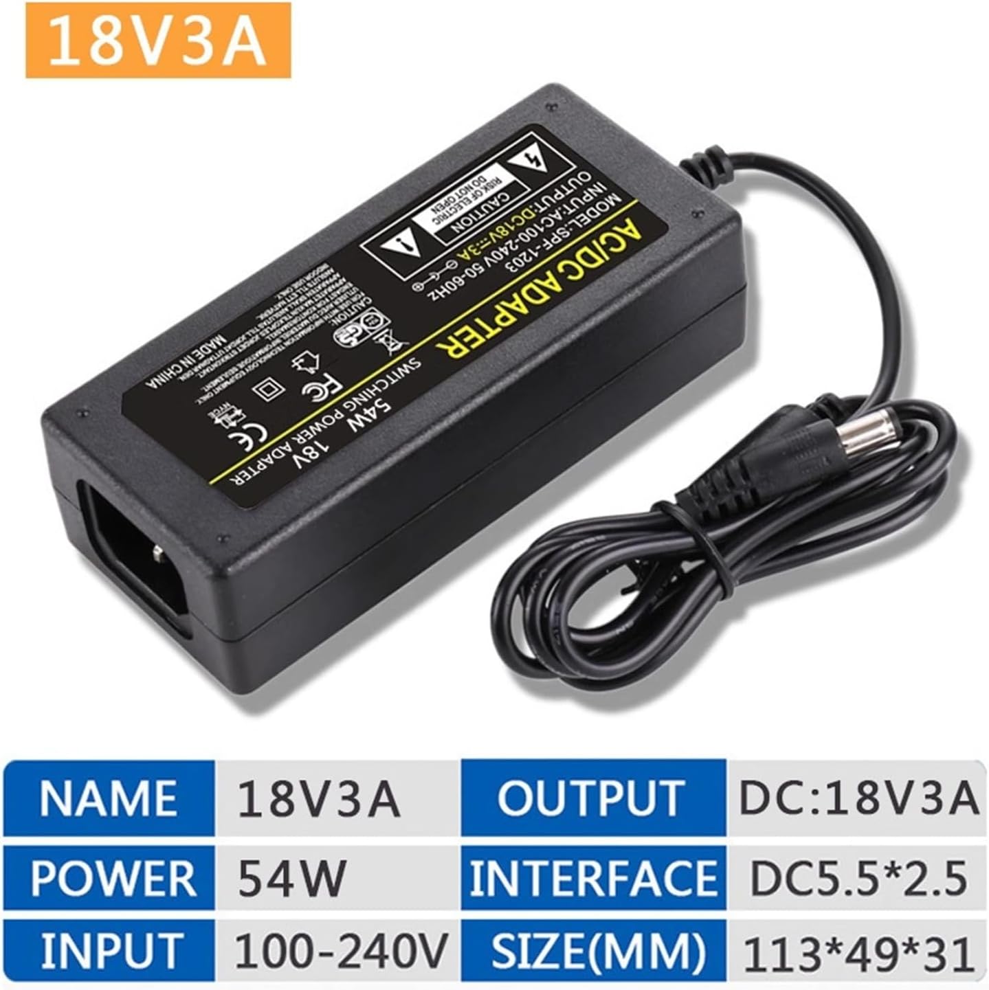 Power Adapter AC 100-240V to DC 18V3A Switching Transformer Jack 5.5mm X 2.5mm(UK Plug)