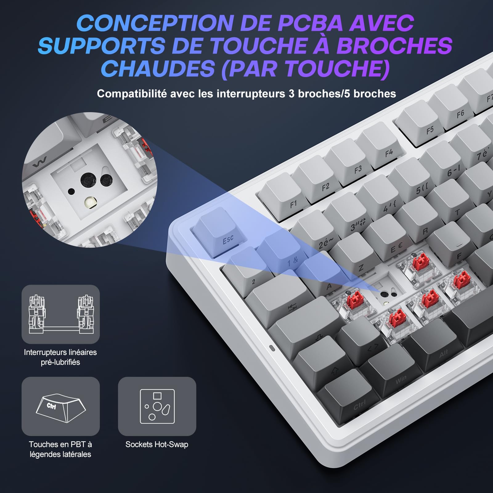 TECURS 75% Gasket Clavier Gamer sans Fil Tri Mode 2.4Ghz/BT5.0/Filaire - Clavier Mécanique Switch Rouges RGB, Hot Swap Personnalisé, Gravur Latéral, Touches PBT, Molette Knob - AZERTY FR - Windows/Mac