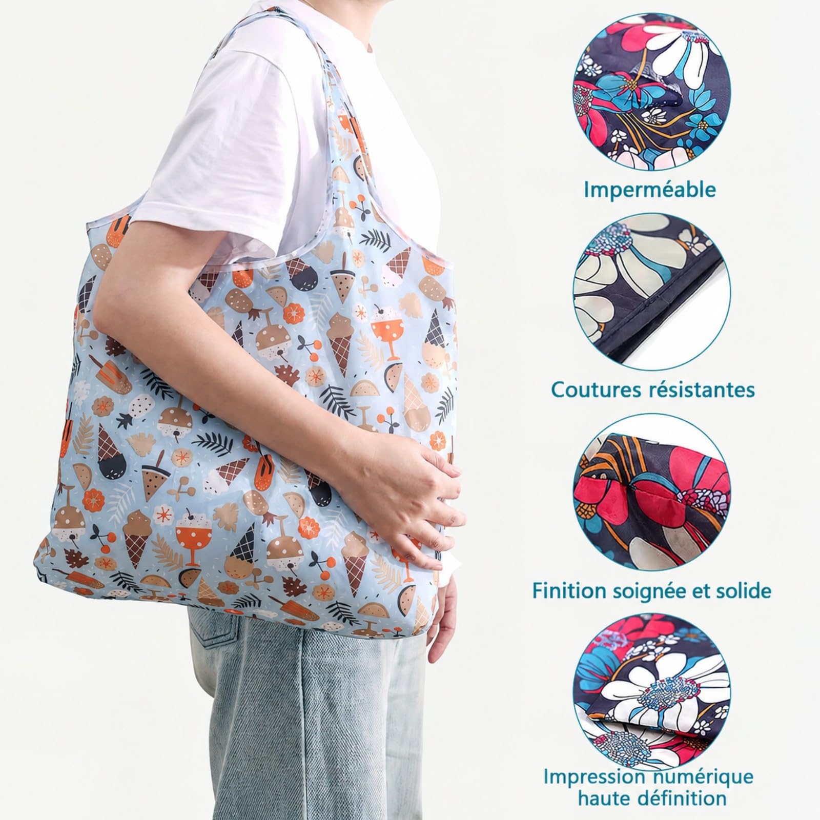 Lot de 24 Sacs Shopping Pliables Réutilisables, Grands Cabas Étanches et Lavables avec Pochette, Sacs Écologiques pour Femmes, Courses, Voyage et Activités en Plein Air - Motifs Floraux