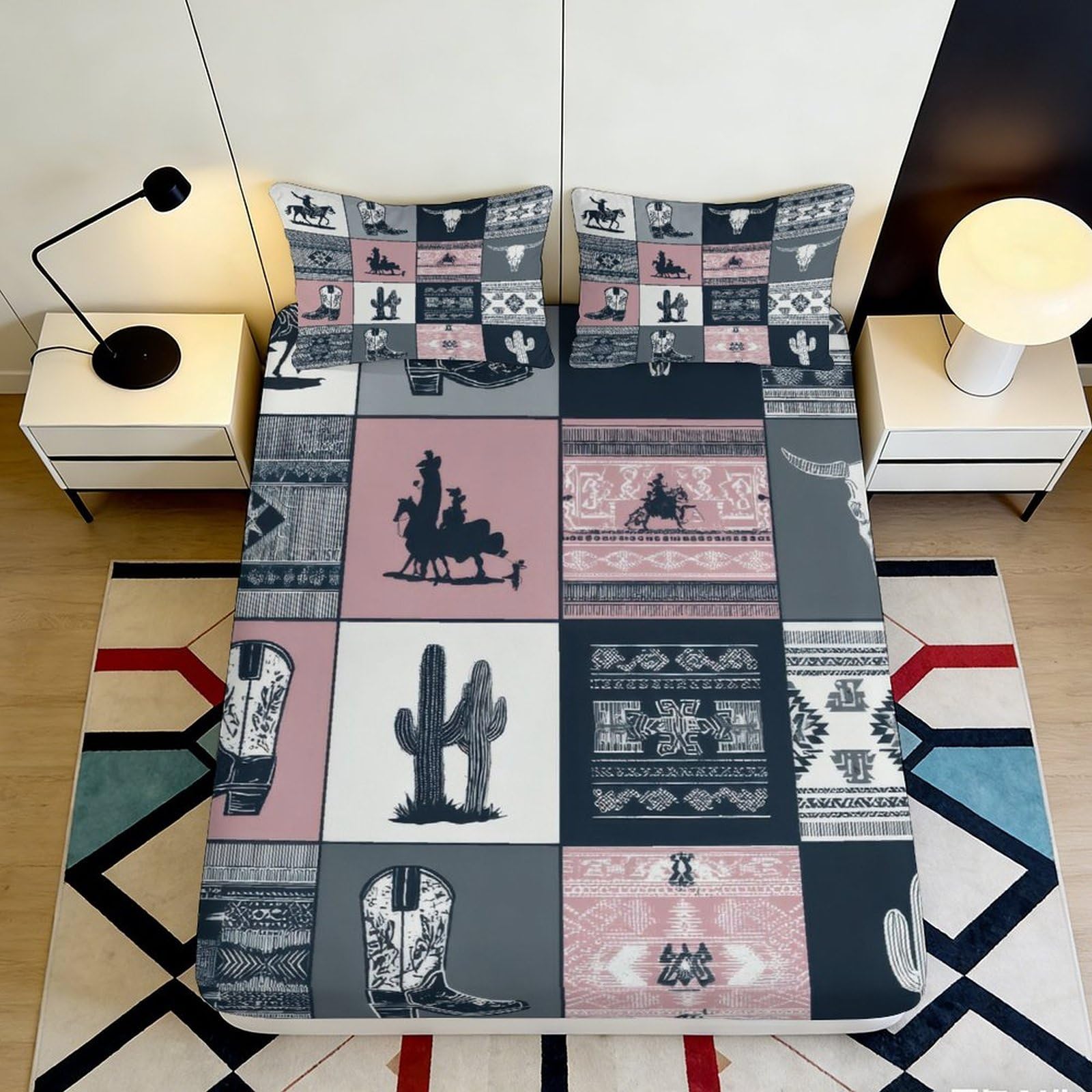 3D Printed Western Cowboy Fitted Sheet Microfiber Soft Cactus Bed Cover for Bedroom Guest Room Decor 90x200x25cm