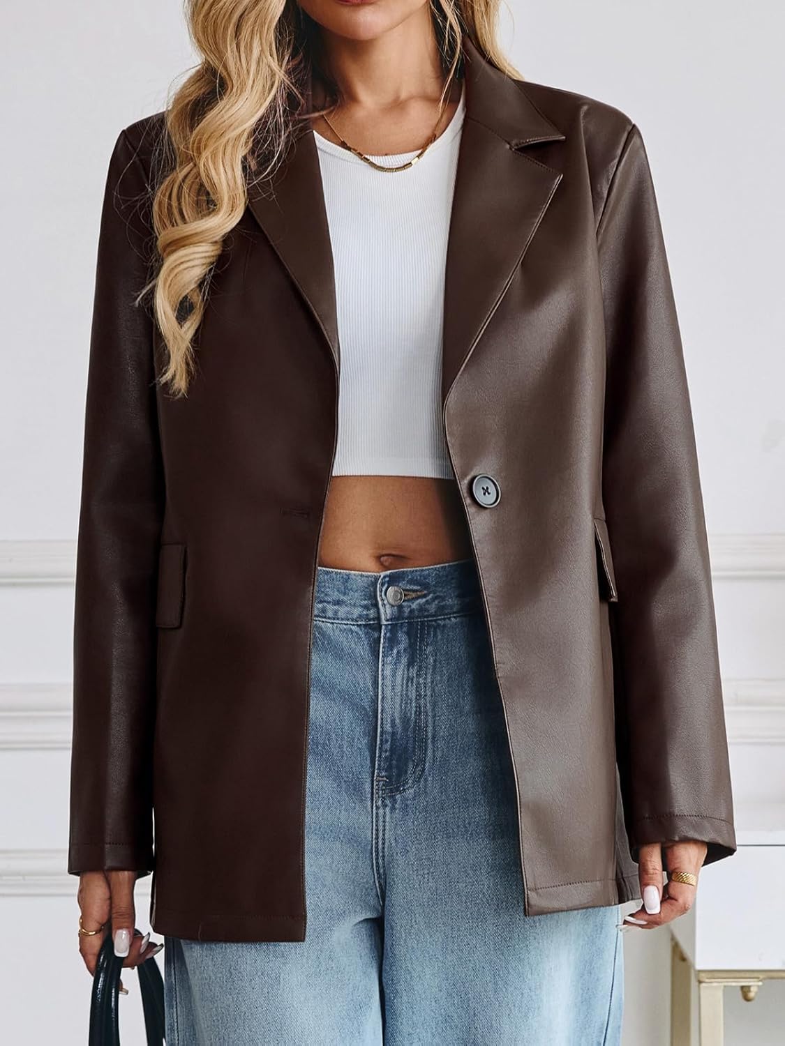 Womens Faux Leather Blazer Jacket Oversized Bomber Button Down Lapel Coat Fall Spring Winter Trendy Outerwear Outfits - Image 5