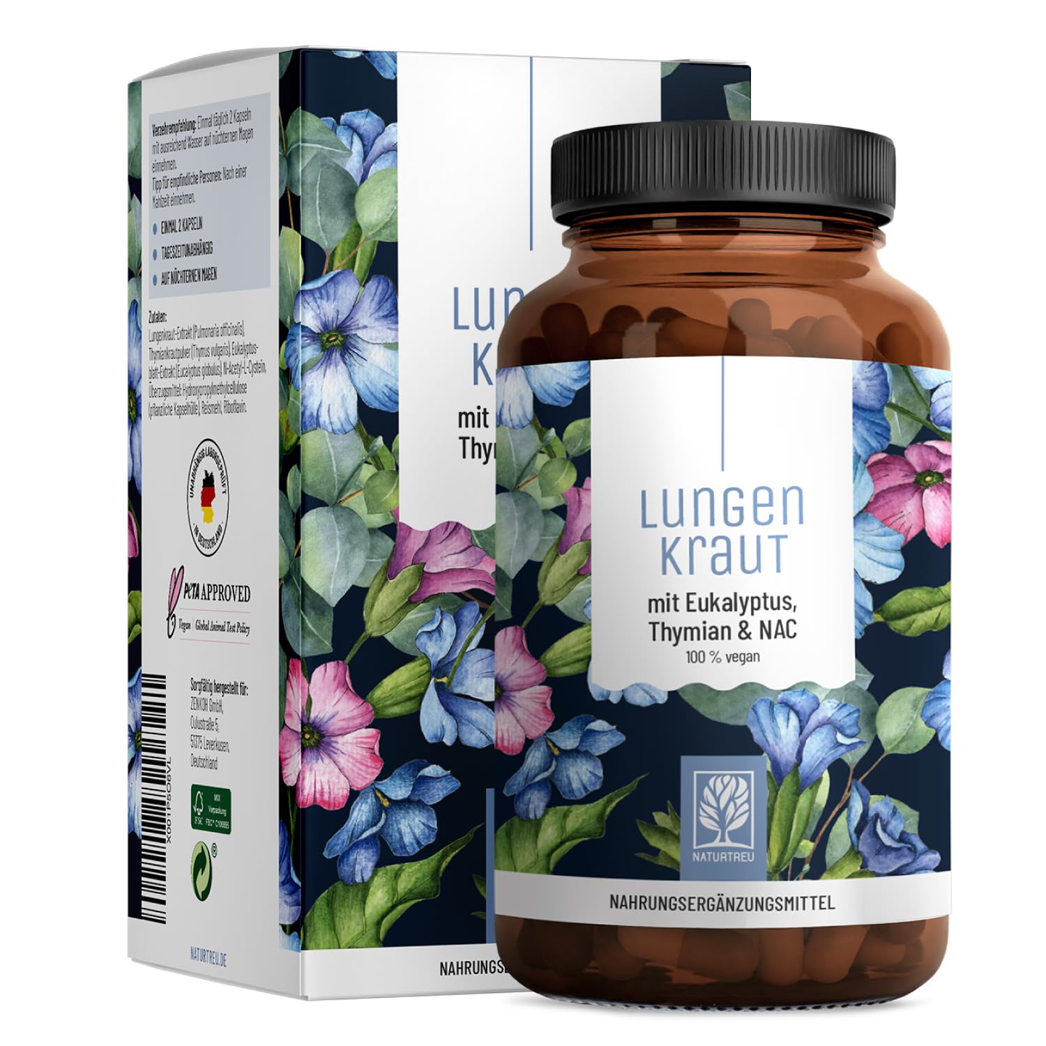 NATURTREU Lungenkraut Kapseln - Extrakt aus 3.000mg Lungenkraut pro Tagesdosis - Hochdosiert und optimal ergänzt mit Thymian, Eukalyptus, NAC & Vitamin B2 - Vegan & Laborgeprüft in Deutschland