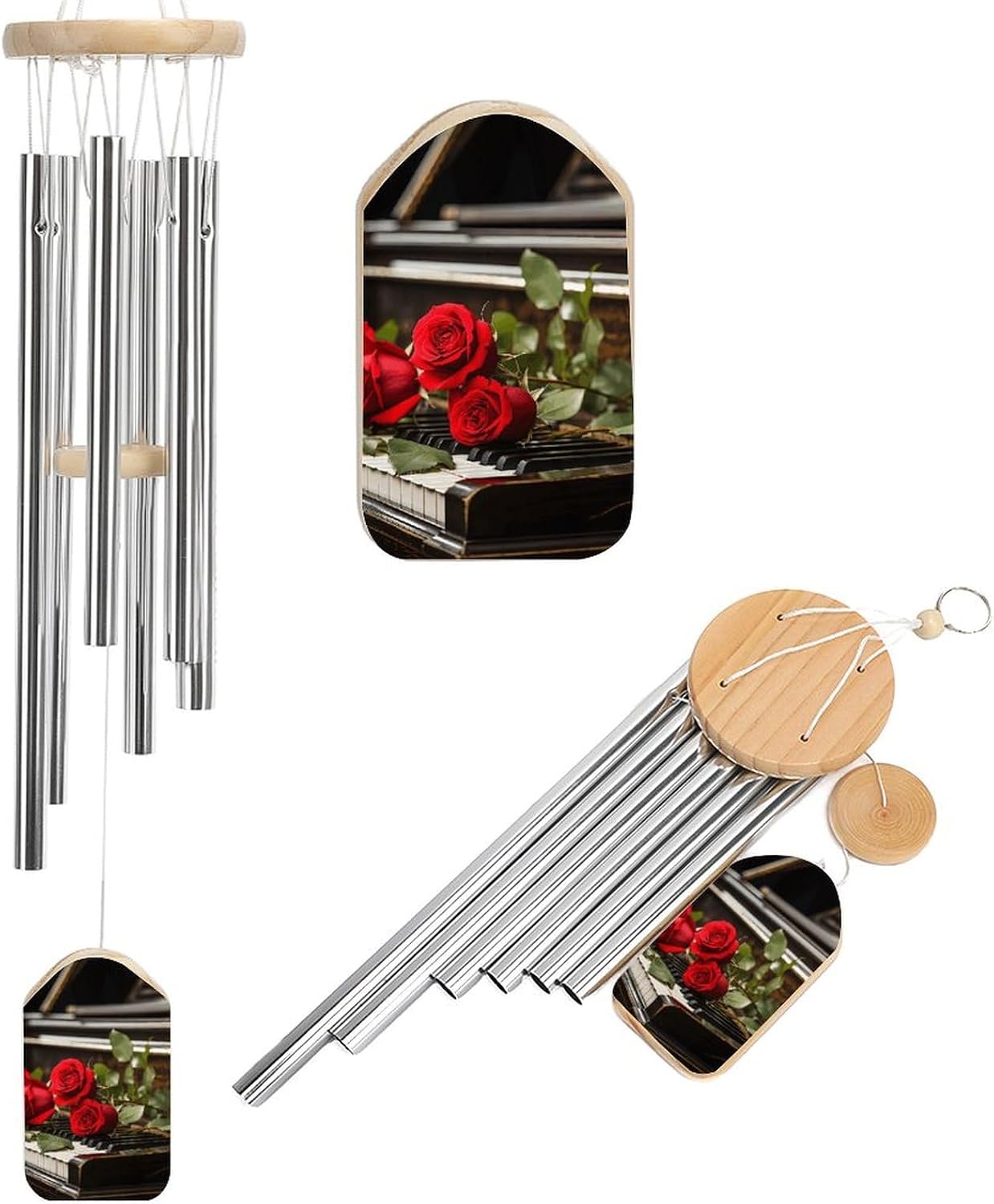 Outdoor Wind Chimes, Red Rose on Piano Printed Wind Chimes,Simple Wind Chimes,Curtain Wind Chimes for Home Decoration