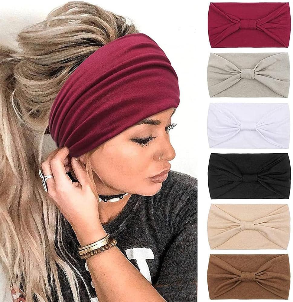 Goodern 6 PCS Boho Headbands for Women,Fashion Wide Brimmed Head Bands Elastic Breathable Non-Slip Headbands Solid Color Make up Run Sweatbands Headscarf Comfortable Sport Yoga Girls Decor Headbands-A