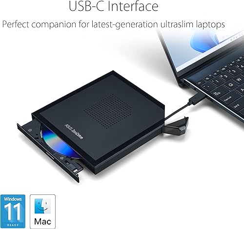 Vista 4 de ASUS ZenDrive V1M Unidad de DVD externa y escritora con diseño de almacenamiento de cables integrado, interfaz USB-C, compatible con Win 11 y macOS