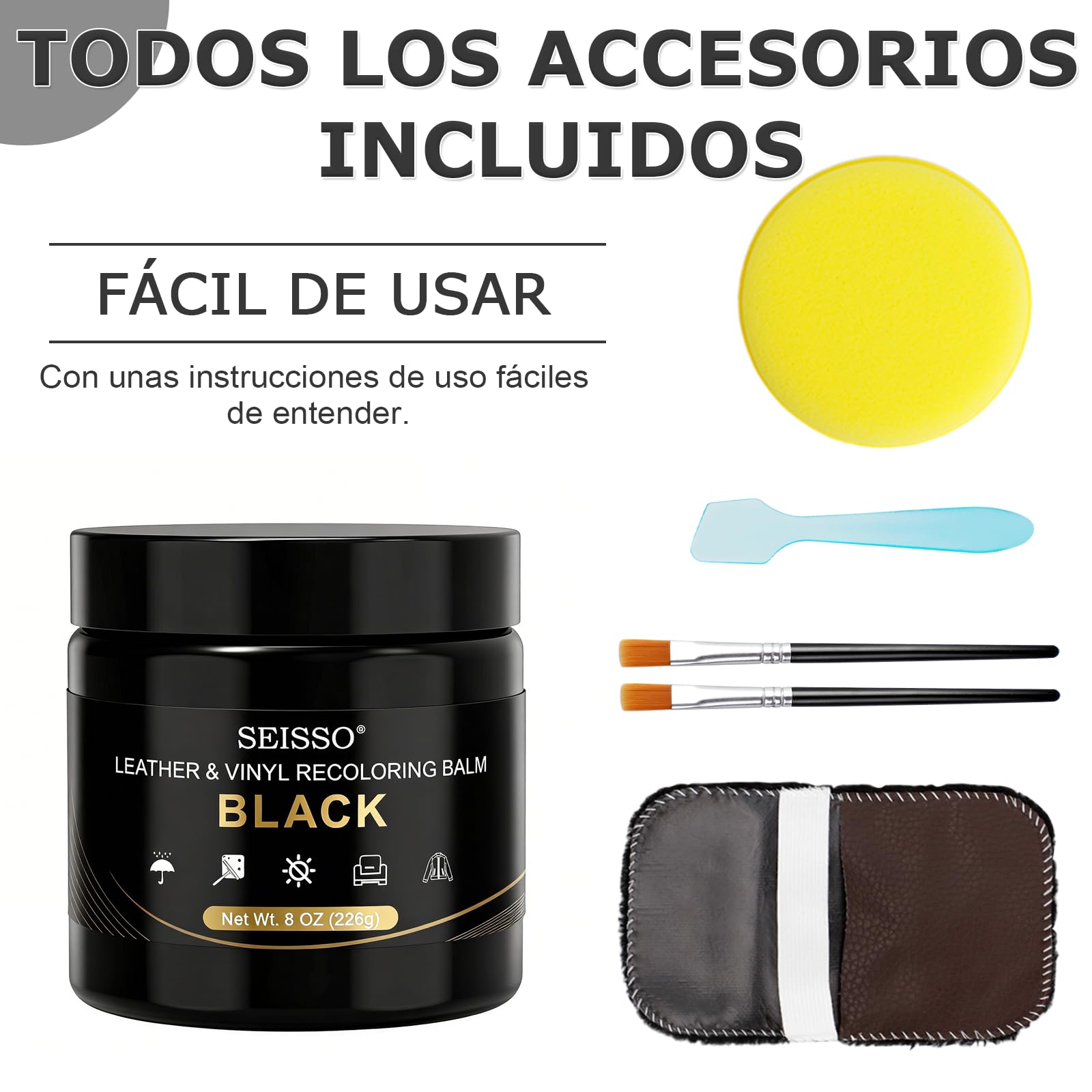 SEISSO Juego de Reparación de Cuero, 200 g, Crema de Reparación de Cuero, Restaurador de Cuero, para Cinturones, Zapatos, Asientos de Coche, Sofás (Negro)