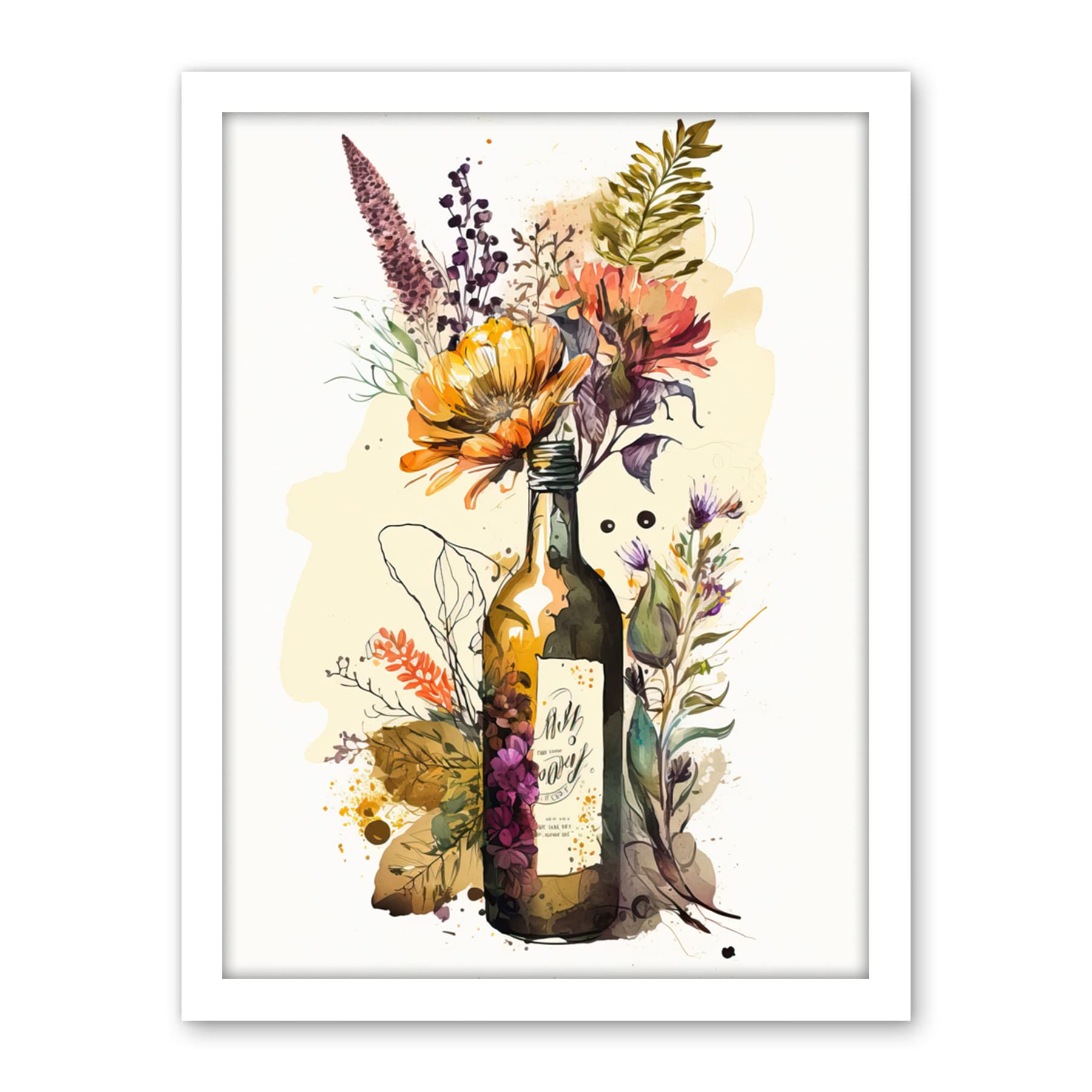 Artery8 Wildflower Bouquet in Upcycled Glass Wine Bottle Artwork Framed Wall Art Print 18X24 Inch