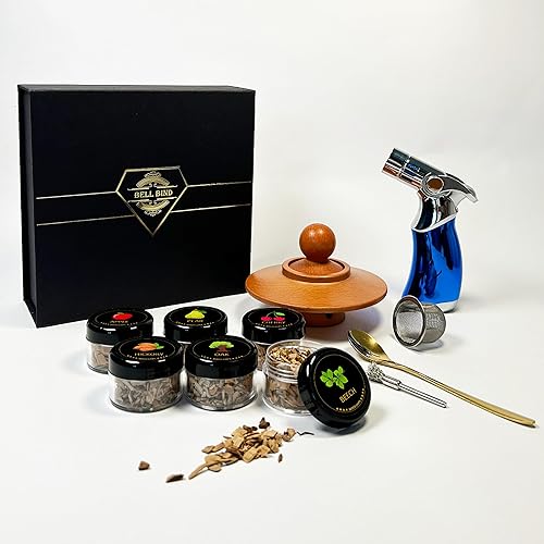 Bell Bind Kit de ahumador de cóctel con antorcha, bourbon a la antigua, whisky escocés, kit de infusor de ahumador de bebidas, juego de 6 sabores de