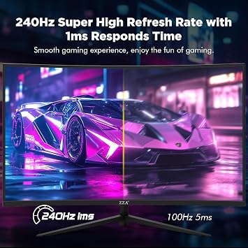 ZZA 32 Inch Curved Gaming Monitor, 240Hz High Refresh Rate, FHD 1920x1080P, Curved 1500R, HDMI 2.0/DP1.4, 1ms MPRT, HDR, FreeSync, VESA Compatible, Tilt Adjustable