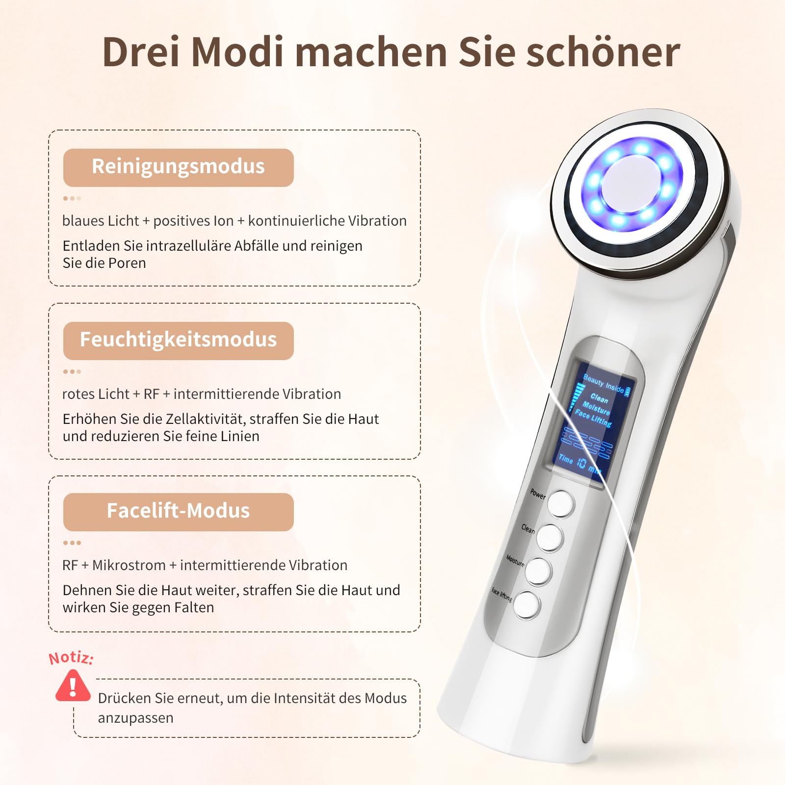 CARER BEAUTY Gesichtsmassagegerät Gegen Falten 5 in 1 Radiofrequenz Gerät Gesicht mit 2 LED Lichttherapie RF Vibration Ion für Anti Falten&Aging Akne Entferne Gesichtpflege Tiefenreinigung
