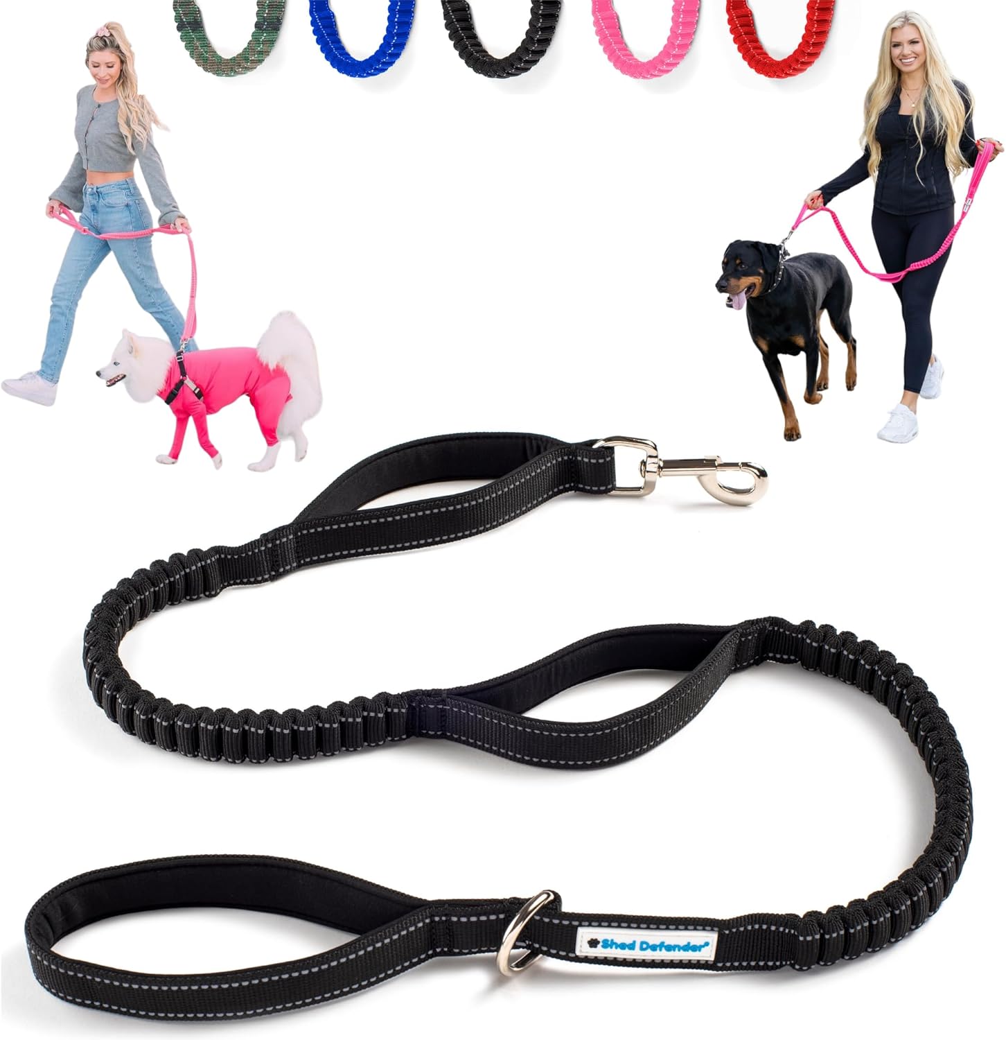 Shed Defender Shock Absorbing Bungee Leash - Three Padded Traffic Handles, Designed in The USA, Stretches 4-7ft, Elastic Dog Leash, Reflective Stitching, Large Dog & Small Breed, Heavy Duty, Black